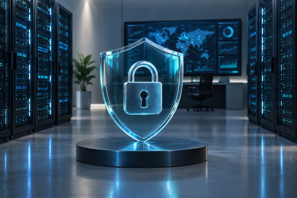 Security shield and padlock protecting a server environment