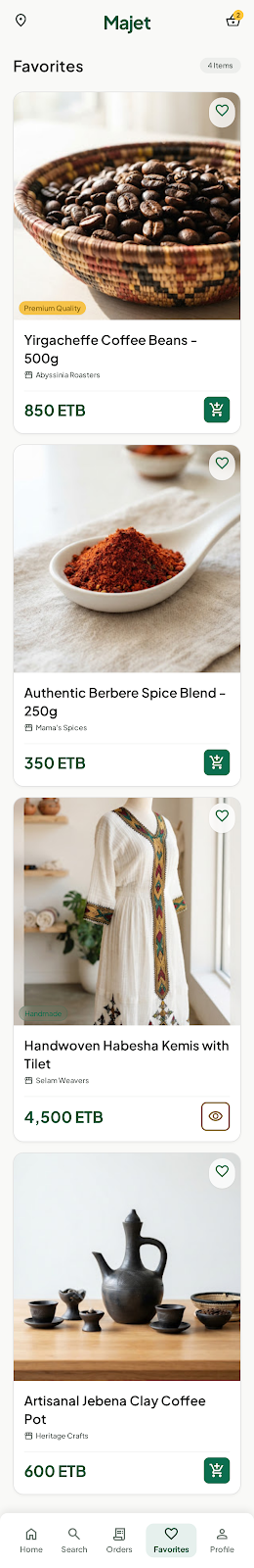 Saved favourite products in Majet