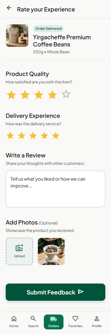 Majet ratings and feedback form for products and delivery