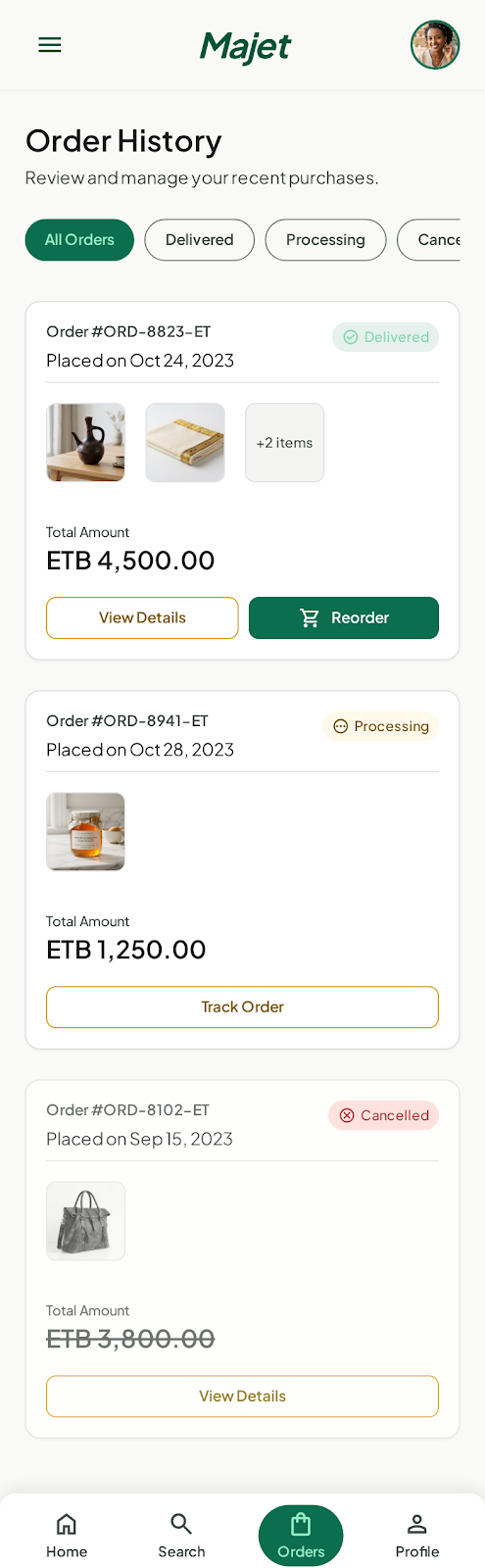 Majet order history with order status and reorder options