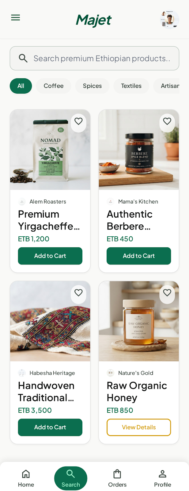 Majet grocery search results with coffee, spices and honey