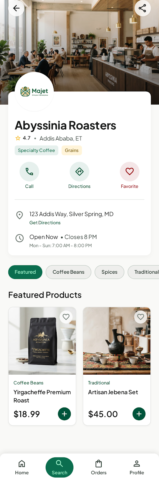 Majet store profile with shop information and featured products